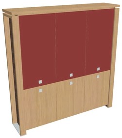 Dulap înalt Verno+ 200 x 46 x 210 cm, uși combinate, stejar deschis / roșu