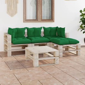 3066181 vidaXL Set mobilier grădină din paleți, 5 piese, cu perne, lemn de pin
