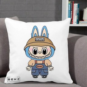 Perna Personalizata Labubu Toanart Blugi, 40x40 cm, Alba Mata, Husa Detasabila, Perna Inclusa, BEKZ®