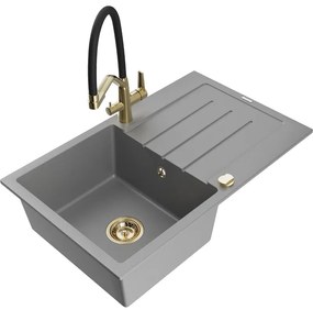 Mexen Bruno chiuvetă de granit cu un compartiment, cu picurător și baterie de bucătărie Duo, Gri - 6513-71-671701-57-G