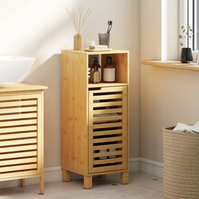 HOMCOM Dulap baie, raft deschis, dulap, lemn de bambus, ușă cu lamele, maro deschis | Aosom Romania