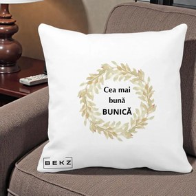 Cadou pentru Bunica - Perna Personalizata Cea Mai Buna Bunica Coronita Frunze Acuarela, 40x40 cm, Alba Mata, Husa Detasabila, Perna Inclusa, BEKZ®