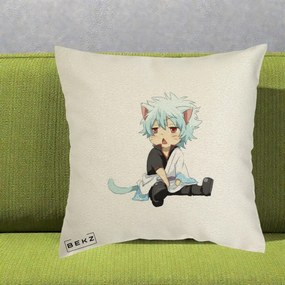 Perna Personalizata Gintama Gintoki Chibi Pisica, 40x40 cm, Ecru, Husa Detasabila, Perna Inclusa, BEKZ®