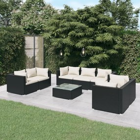 Set mobilier de gradina cu perne, 8 piese, negru, poliratan negru si crem, 6x colt + mijloc + masa, 1