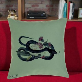 Perna Decorativa Sarpe Negru cu Flori Gothic, 40x40 cm, Verde, Husa Detasabila, Perna Inclusa, BEKZ®