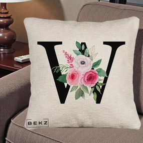 Cadou Personalizat - Perna Personalizata Monograma Florala Litera W cu Trandafiri si Anemona, 40x40 cm, Bej Canapea, Husa Detasabila, Perna Inclusa, BEKZ®