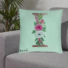 Cadou Personalizat - Perna Personalizata Monograma Rose Gold Litera I, 40x40 cm, Verde Menta, Husa Detasabila, Perna Inclusa, BEKZ®