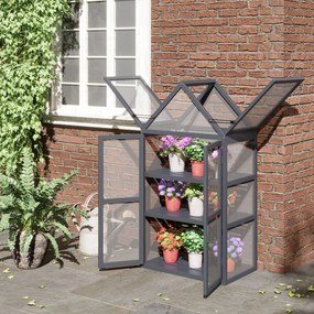 Seră mini Outsunny cu 3 nivele, sere pentru plante cu acoperiș rabatabil, uși duble din lemn, policarbonat rezistent la intemperii, natural, 70,5 x 42 x 132 cm | Aosom Romania