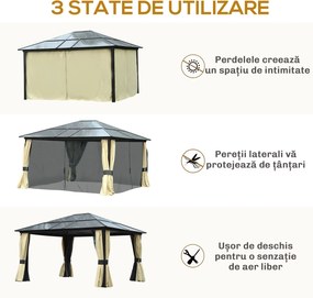 Outsunny Pavilion de grădină Hardtop 4.2 x 3.6 m, Draperii cu plasă împotriva insectelor, Structură din aluminiu, Maro+Crem | Aosom Romania