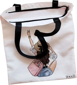 Sacosa de Panza pentru Cumparaturi, Geanta Tote, Travel Girl 9, Cu fermoar, 38x34.5 cm, Alba, BEKZ®