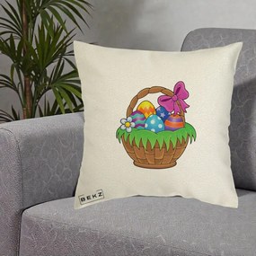 Perna Decorativa Cos cu Oua de Pasti Colorat, 40x40 cm, Ecru, Husa Detasabila, Perna Inclusa, BEKZ®