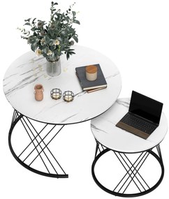 HOMCOM Mese de cafea în set de 2 bucăți, aspect marmură, plăci de particule, metal, mese de cafea rotunde pentru living, plasabile unul în altul, Alb | Aosom Romania
