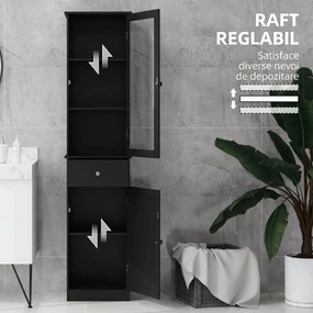 Kleankin Coloană de Baie Îngustă cu Dulap, Sertar și Rafturi din MDF, 40 x 27 x 171,5 Cm, Negru | Aosom Romania