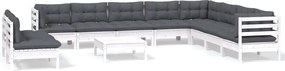 vidaXL Set mobilier grădină cu perne, 11 piese, alb, lemn masiv pin