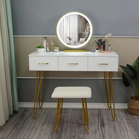 RESIGILAT- Set SANDRA, Masă de toaletă pentru machiaj cu oglindă iluminată LED, control touch, 3 sertare, taburet tapitat, Alb, 100 cm