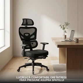 Scaun ergonomic, cotiere 3D, suport lombar adaptiv, spătar reglabil pe inaltime, tetiera 3D, suport pentru picioare, pivotant, Mesh, Negru