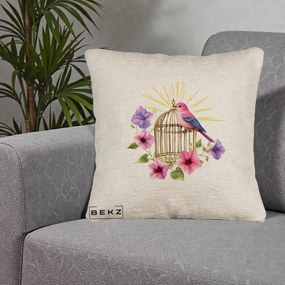Perna Decorativa Pasare Roz pe Colivie Aurie cu Flori, 40x40 cm, Bej Canapea, Husa Detasabila, Perna Inclusa, BEKZ®