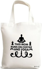 Sacosa de Panza pentru Cumparaturi, Geanta Tote Yoga This MOM runs on coffe and yoga, 38x34.5 cm, Alba, BEKZ®
