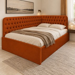 Pat tapițat pentru copii din catifea Elyra 120×200 cm, cărămiziu, colț stânga, cu ladă de depozitare
