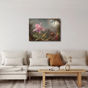 Tablou pe sticlă - Martin Johnson Heade, Cattleya Orchid and Three Hummingbirds, reproducere (70x50 cm)