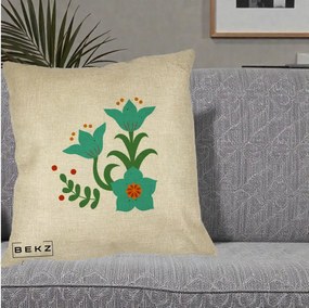 Perna Decorativa Flori Stilizate Folk Turcoaz, 40x40 cm, Crem, Husa Detasabila, Perna Inclusa, BEKZ®