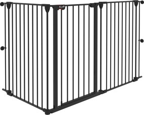 PawHut Poartă pentru Câini cu 3 Panouri și Sistem Dublu de Închidere, Barieră pentru Câini pentru Scări, Uși, Holuri, 206x90 cm, Negru | Aosom Romania