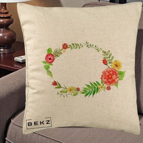 Perna Decorativa Coroana Florala Acuarela, 40x40 cm, Bej, Husa Detasabila, Perna Inclusa, BEKZ®