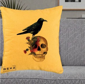 Perna Decorativa Craniu cu Corb si Flori Gothic, 40x40 cm, Galben, Husa Detasabila, Perna Inclusa, BEKZ®