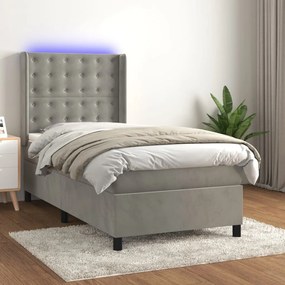 vidaXL Pat cu arcuri, cu saltea &amp; LED, gri deschis, 80x200 cm, catifea