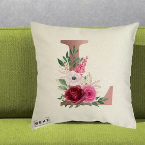 Cadou Personalizat - Perna Personalizata Monograma Rose Gold Litera L, 40x40 cm, Ecru, Husa Detasabila, Perna Inclusa, BEKZ®