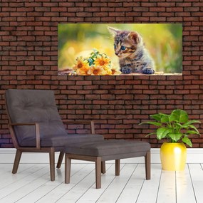 Tablou cu pisicuța uitându-se la floare (120x50 cm)
