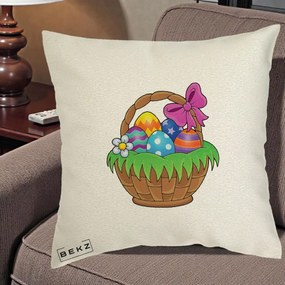 Perna Decorativa Cos cu Oua de Pasti Colorat, 40x40 cm, Ecru, Husa Detasabila, Perna Inclusa, BEKZ®