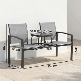 Outsunny Bancă de grădină pentru 2 persoane cu spătar și brațere, masă din sticlă în 2 niveluri, rezistă la 240 kg 135 x 67 x 81 cm Gri | Aosom Romania