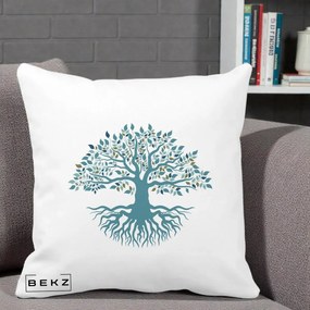 Perna Decorativa Copacul Vietii Teal cu Radacini, 40x40 cm, Alba Mata, Husa Detasabila, Perna Inclusa, BEKZ®