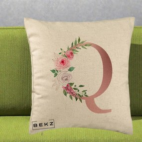 Cadou Personalizat - Perna Personalizata Monograma Rose Gold Litera Q, 40x40 cm, Bej, Husa Detasabila, Perna Inclusa, BEKZ®