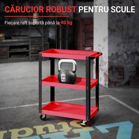 HOMCOM Cărucior Porta Unelte cu 3 Rafturi din Metal și PP, 70.5x35x82.5 cm, Roșu și Negru | Aosom Romania