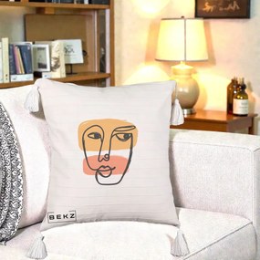 Perna Decorativa Portret Abstract Line Art Portocaliu, 40x40 cm, Bej cu Franjuri, Husa Detasabila, Perna Inclusa, BEKZ®