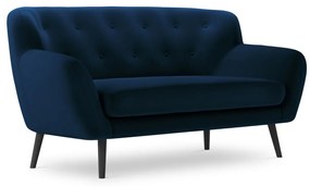 Canapea 2 locuri Mica cu tesatura din catifea, picioare din lemn negru, albastru royal