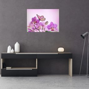 Tablou pe sticlă - Fluture pe flori de orhidee, liliac (70x50 cm)