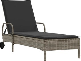 vidaXL Șezlong cu roți și pernă, gri, poliratan