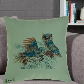 Perna Decorativa Bufnite de Iarna Albastre, 40x40 cm, Verde, Husa Detasabila, Perna Inclusa, BEKZ®