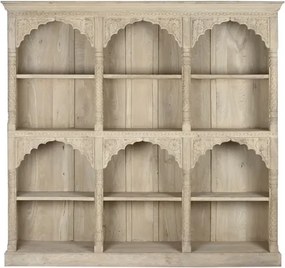 Bibliotecă sculptată manual din lemn masiv, finisaj natural, 9 nișe cu arcade mughal, 204×38×196 cm, „Navaratna"