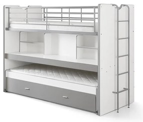 Pat pentru copii alb-gri supraetajat, cu extensie suplimentară cu spațiu de depozitare cu somieră 90x200 cm Bonny – Vipack