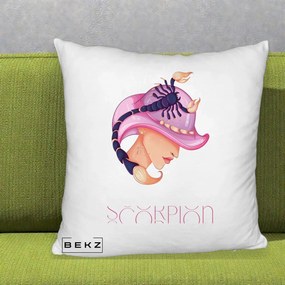 Perna Personalizata Zodiac Scorpion Cowgirl, 40x40 cm, Alb Pufos, Husa Detasabila, Perna Inclusa, BEKZ®