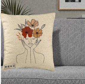 Perna Decorativa Portret Feminin Coroana Trei Flori, 40x40 cm, Bej, Husa Detasabila, Perna Inclusa, BEKZ®