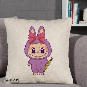 Perna Personalizata Labubu Mov cu Funda Rosie si Creion, 40x40 cm, Bej Canapea, Husa Detasabila, Perna Inclusa, BEKZ®