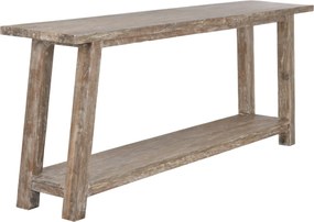 Consolă hol în stil etnic, din lemn de tec reciclat, natur, cu raft jos și picioare înclinate, finisaj patinat, 90 x 240 x 46 cm, „Granville”