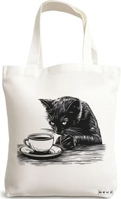 Sacosa de Panza pentru Cumparaturi, Geanta Tote, model Caffeine Cat 3 38 x 34.5 cm, Alba, BEKZ®