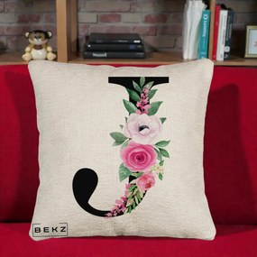 Cadou Personalizat - Perna Personalizata Monograma Florala Litera J, 40x40 cm, Bej Canapea, Husa Detasabila, Perna Inclusa, BEKZ®