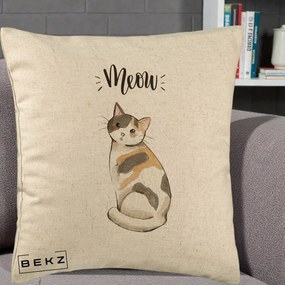 Perna Personalizata Pisica Meow Acuarela, 40x40 cm, Bej, Husa Detasabila, Perna Inclusa, BEKZ®